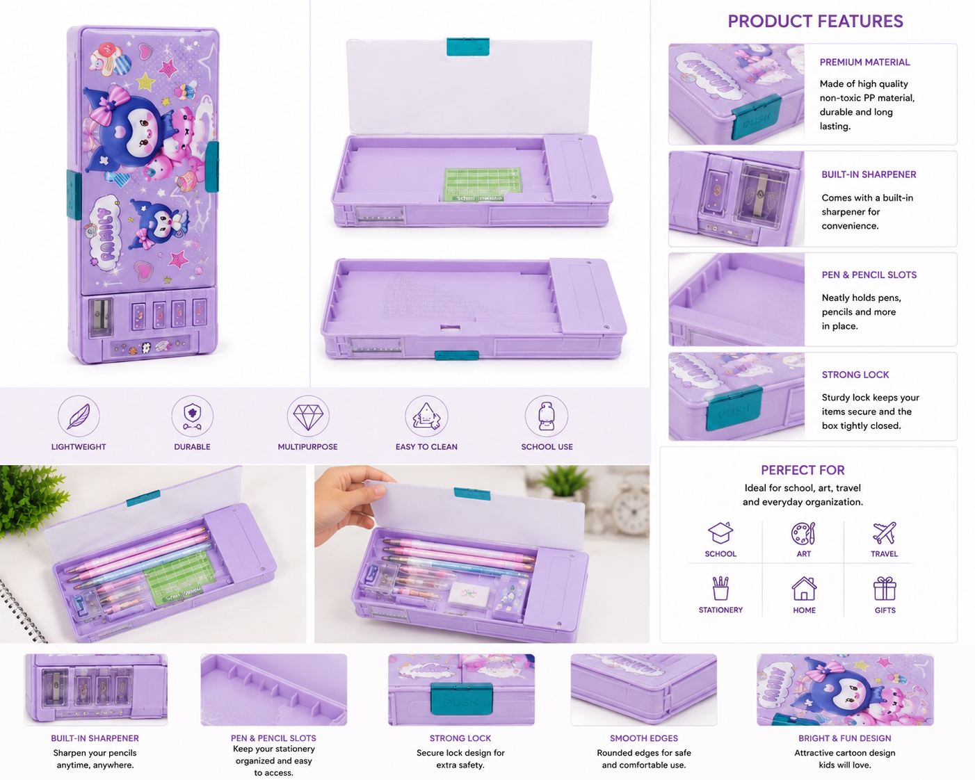 Cute Purple Multi-Functional Magnetic Pencil Box - Image 2