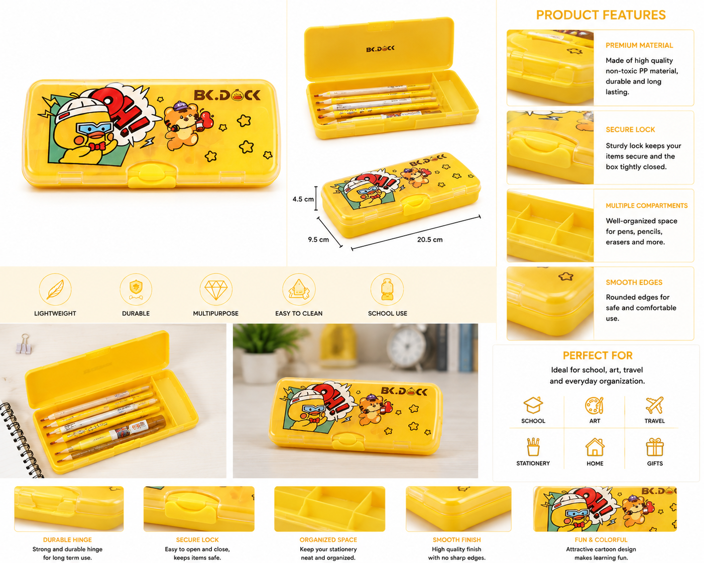 Cute Yellow Multi-Functional Magnetic Pencil Box - Image 2